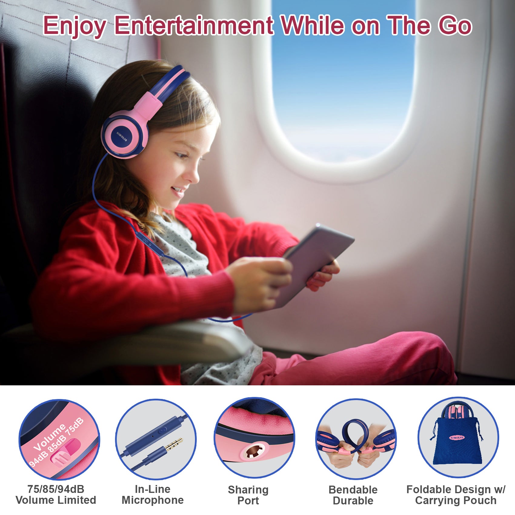 Kids use simolio wired headphones to watch movies on the travel