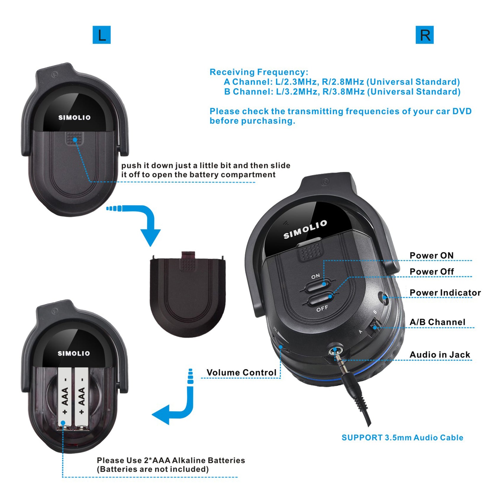 SIMOLIO SM-563B2 foldable universal IR car headphones share port