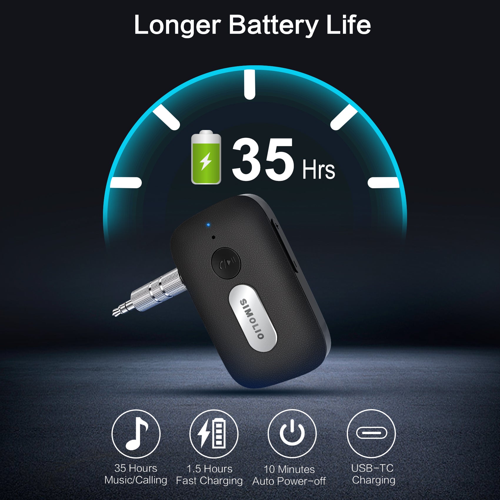 SIMOLIO Bluetooth Receiver for Car Long Battery Life