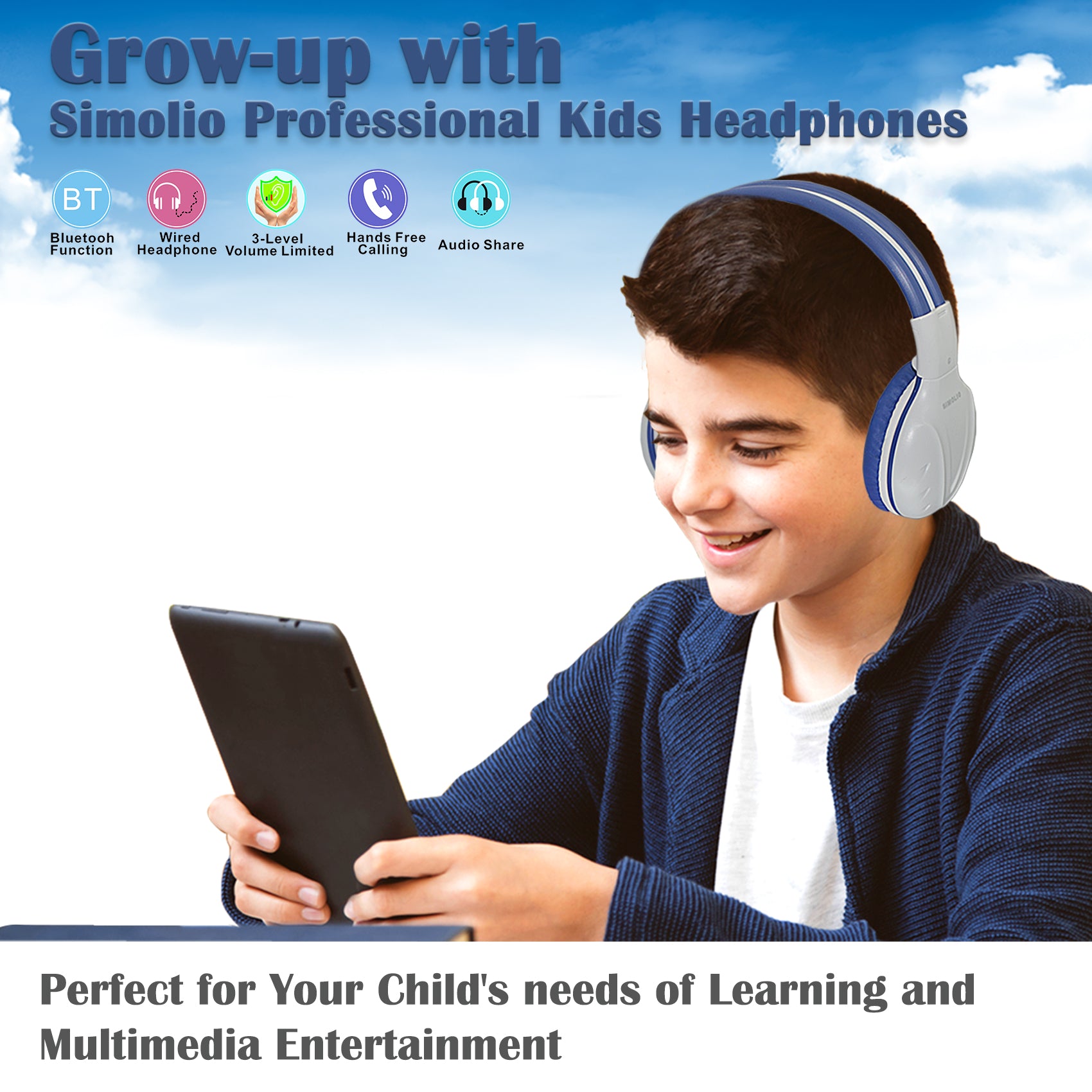 SIMOLIO JH-711PMG Bluetooth Kids Headphones with Safe Volume Limiter 