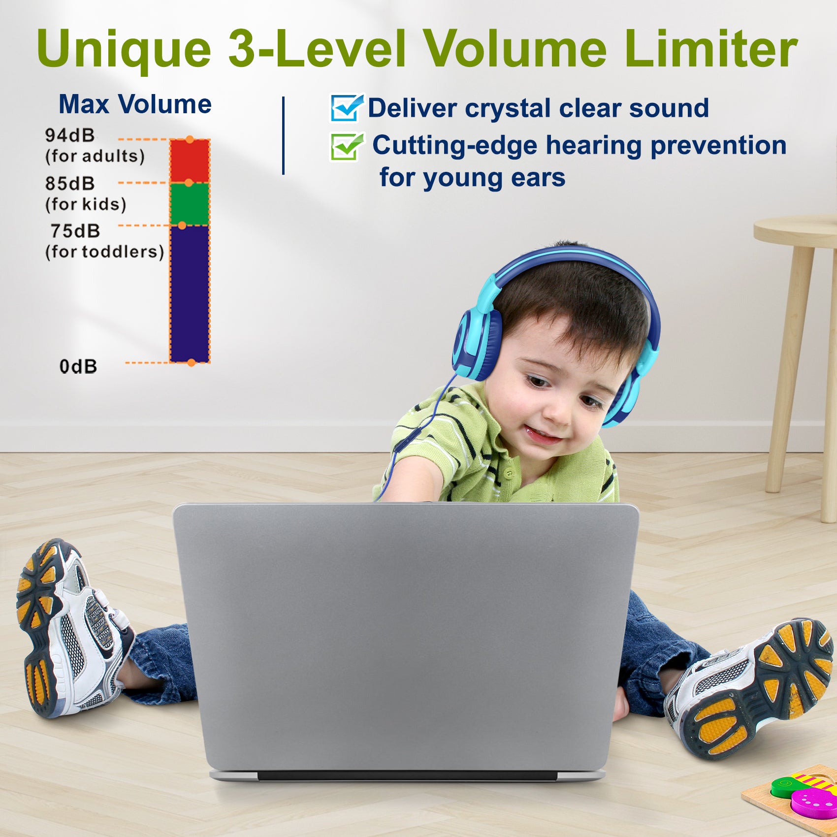 Simolio kids headphones have 3-level volume limiter to protect kids hearing
