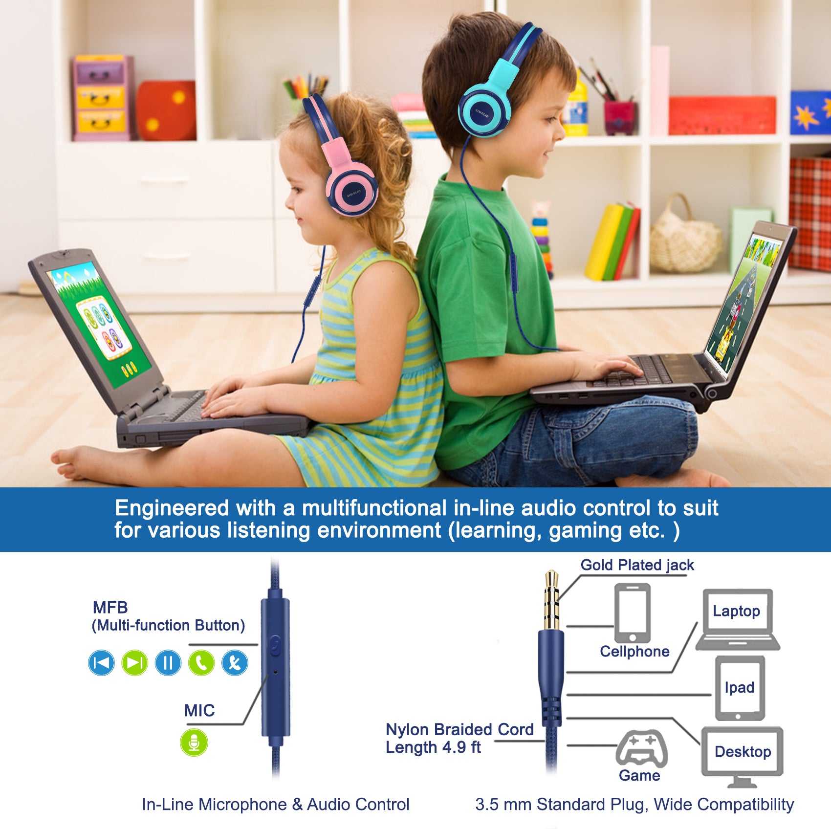 Kids Can Use Simolio Wired Headphones To Watch Movies And Listening Music On Laptops