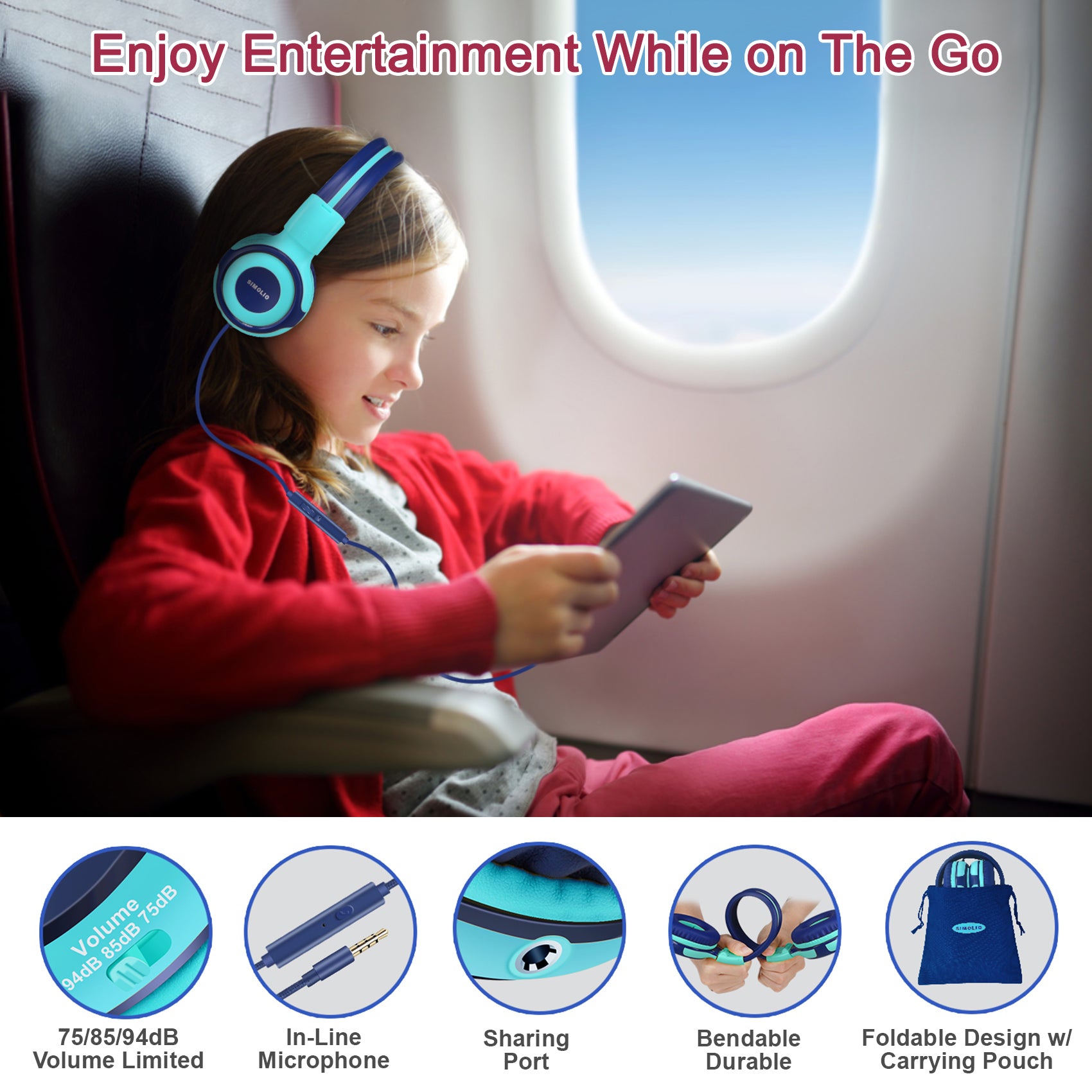 Kids use Simolio wired headphones to watch movies on airplane