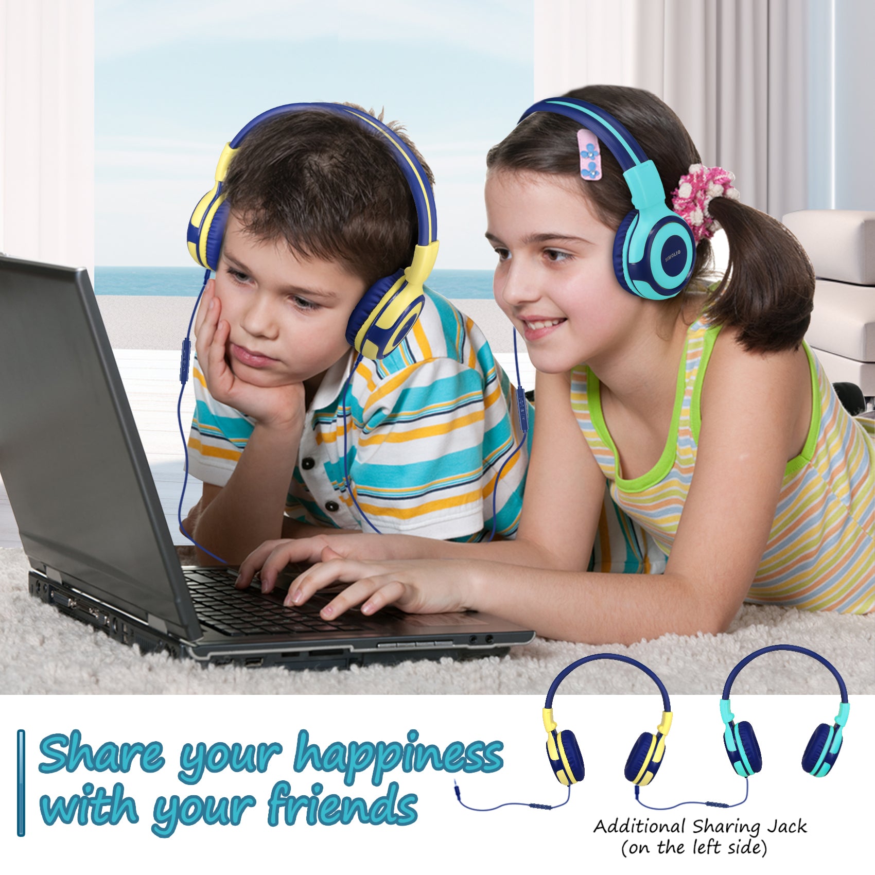 Children can use Simolio wired headphones to share audio with their friends and family