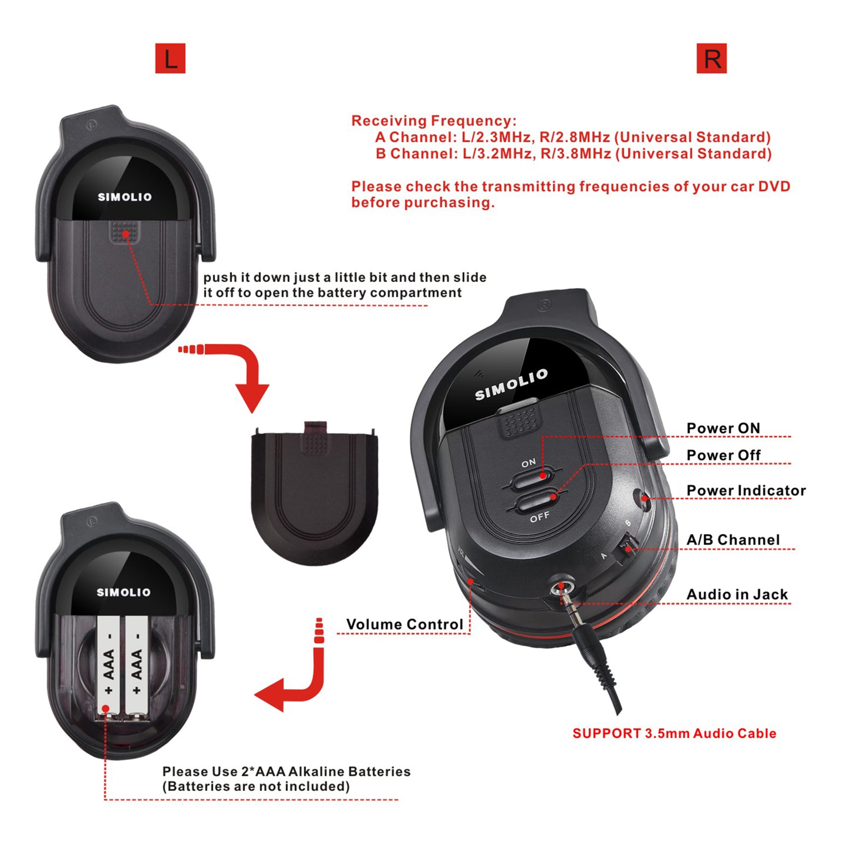 SIMOLIO SM-563R1B2 foldable universal IR car headphones share port