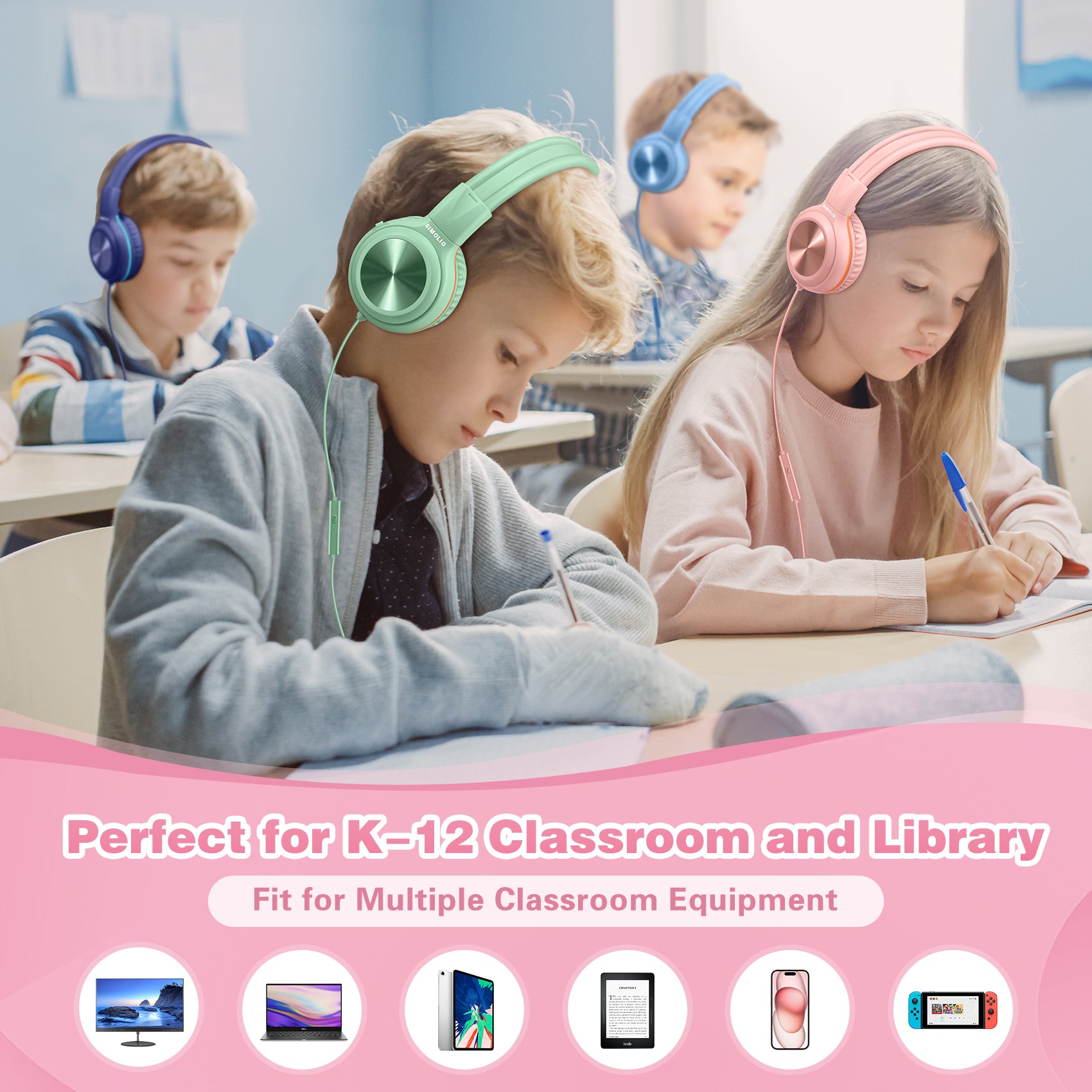 SIMOLIO Wired Kids Headphones Bulk for K12 Student