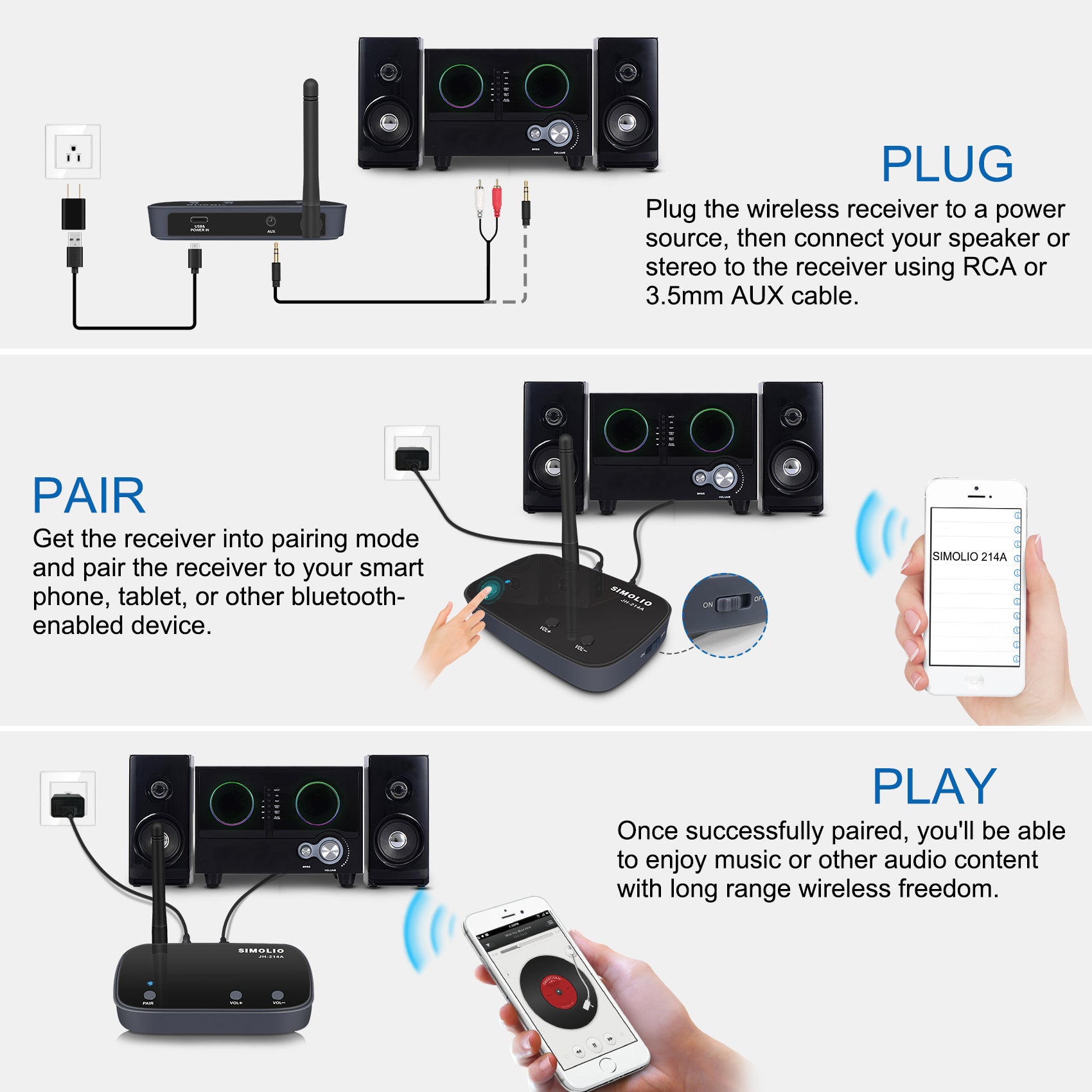 2023 Bluetooth Receiver for Home Stereo with Volume Control and Long Range, Bluetooth 5.0 Audio Music Adapter with 3.5mm/RCA (JH-214A)