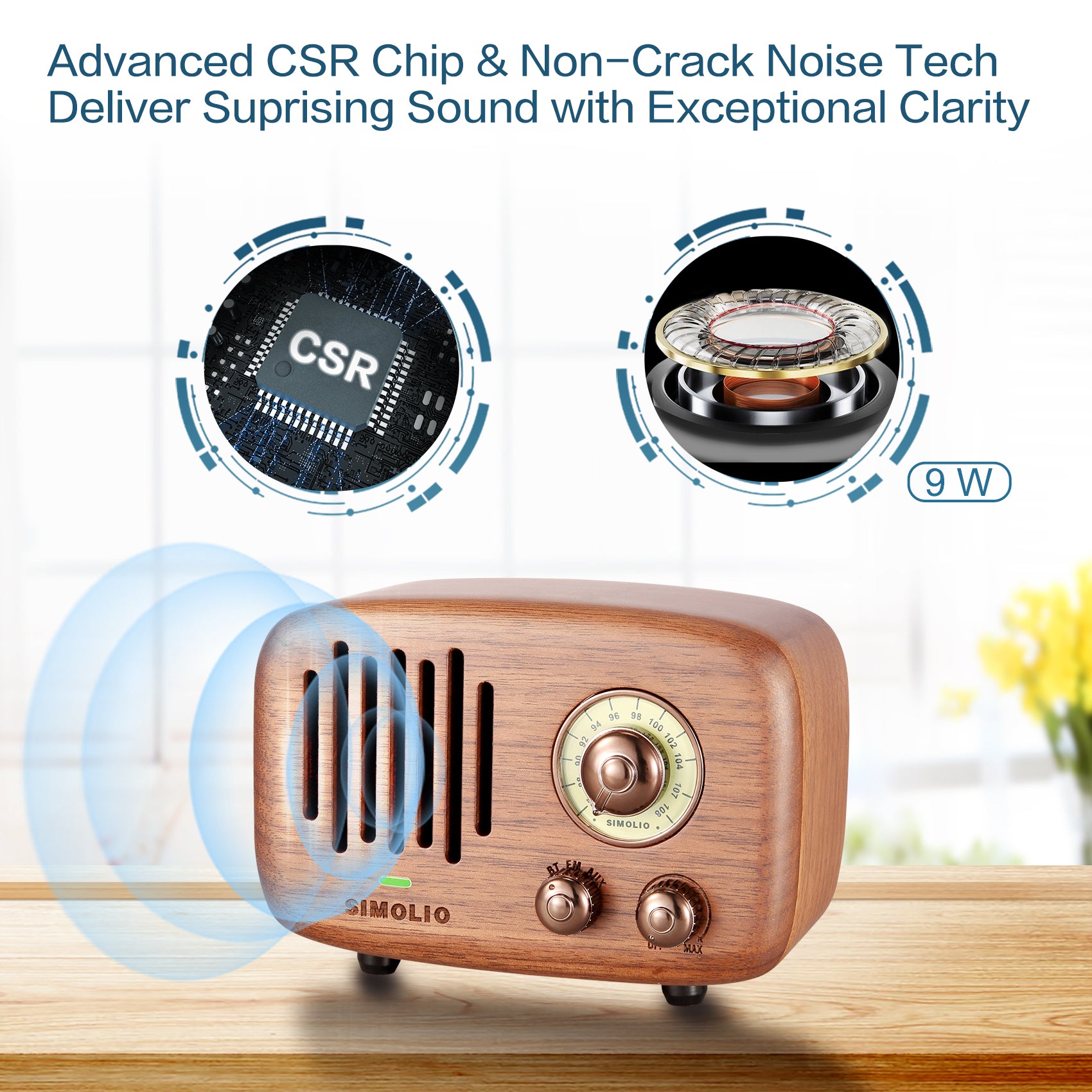 Simolio SM-761M retro nlutooth speakers CRS chip non crack noise tech