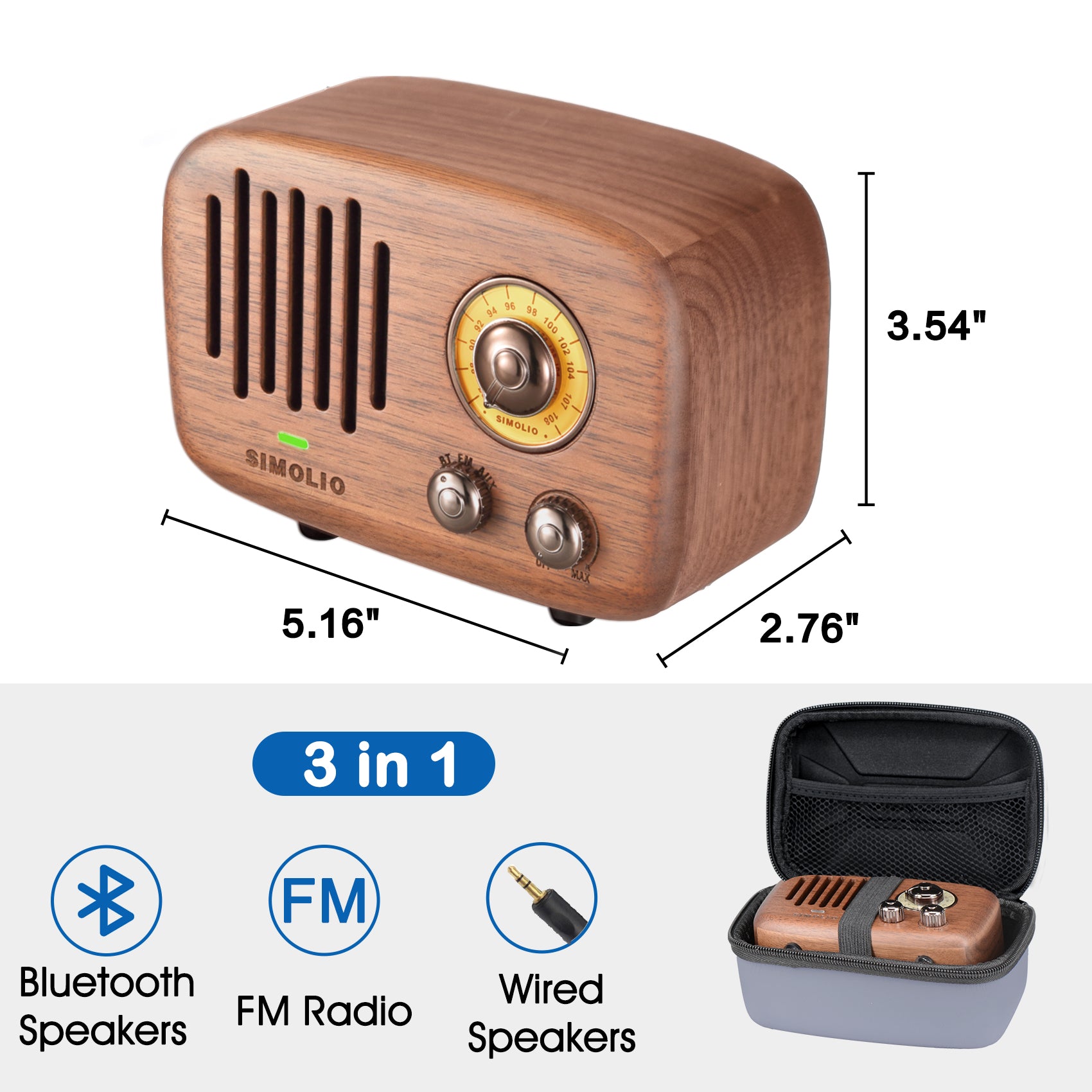 Simolio SM-761M vintage wooden bluetooth speaker 3-in-1
