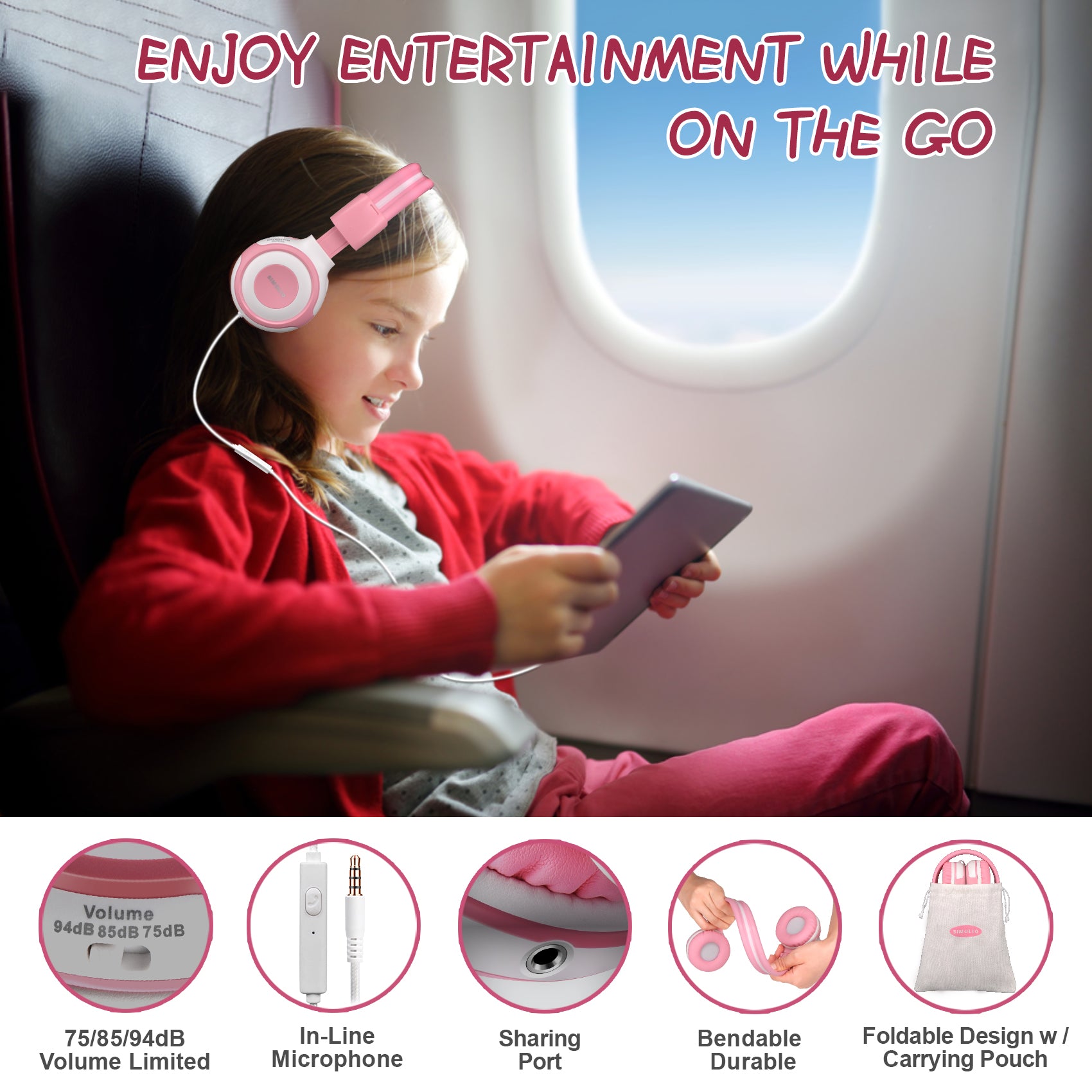 Kids is watching movies using Simolio wired headphones SM-903 on the plane