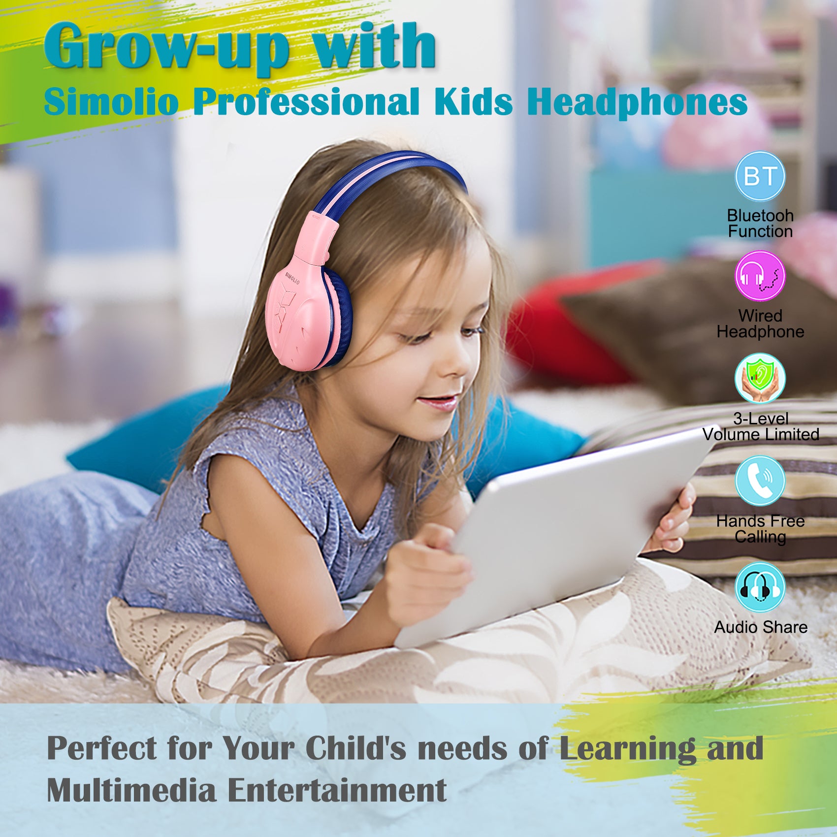 SIMOLIO JH-711M Bluetooth Kids Headphones with Safe Volume Limiter travel