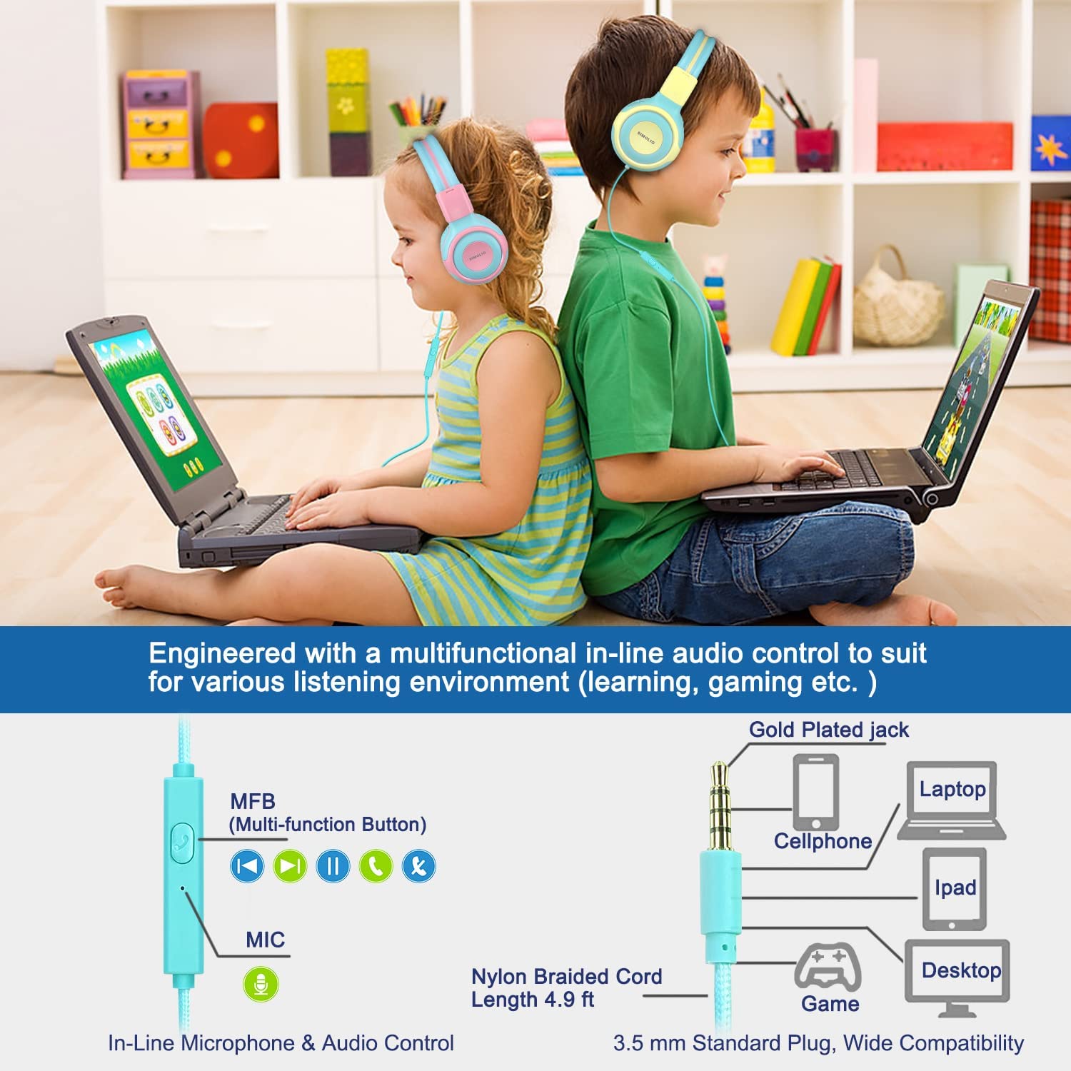 Simolio SM-903 wired headphones for kids are compatible with any device with 3.5mm audio outport