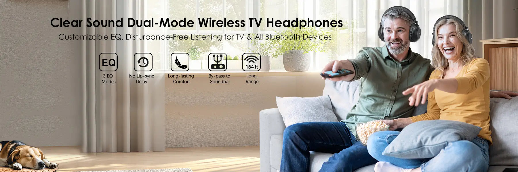 Couple using clear sound dual-mode wireless TV headphones