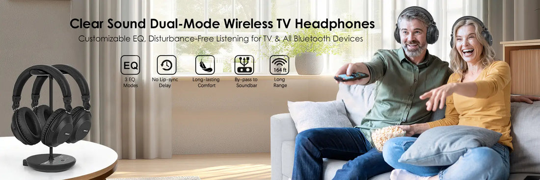 Clear Sound Dual-Mode Wireless TV Headphones with a couple using them.