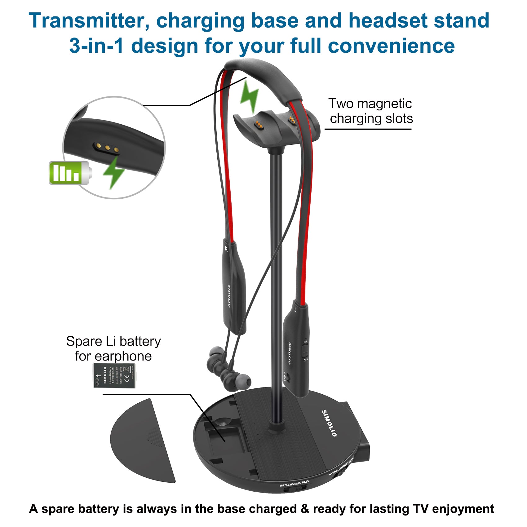 SIMOLIO SM-828D1 wireless tv headphones two charging slots spare battery