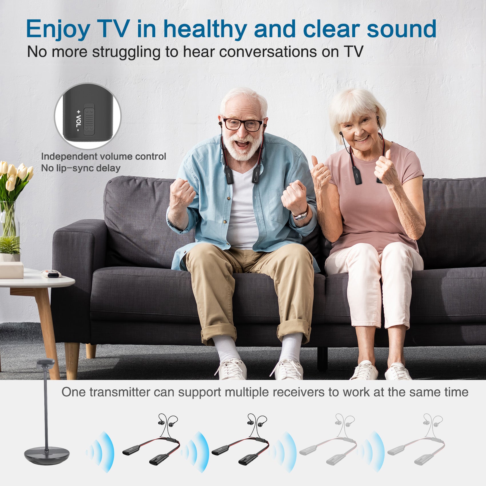 SIMOLIO SM-828D1 wireless tv headphones support multiple headphones simultaneously elderly