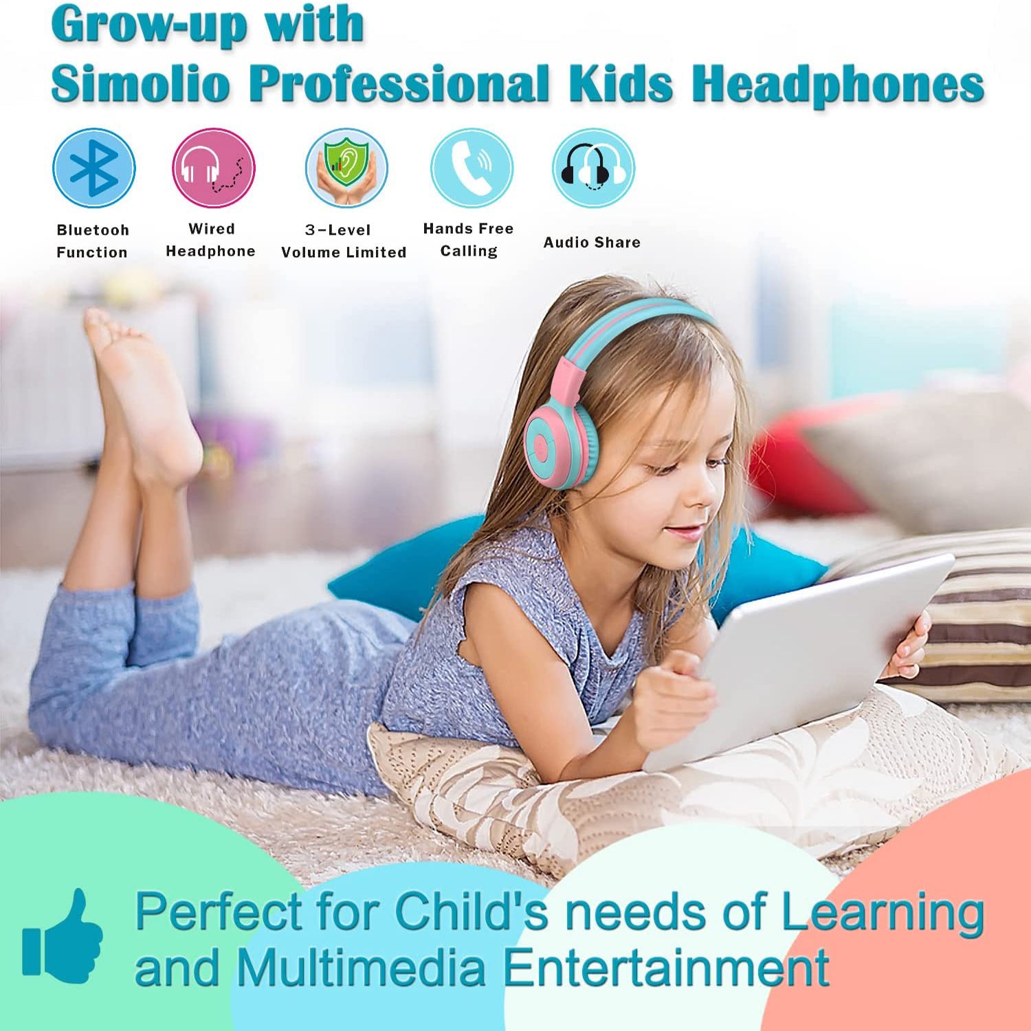 SIMOLIO JH-714A kids bluetooth headphones protect children hearing