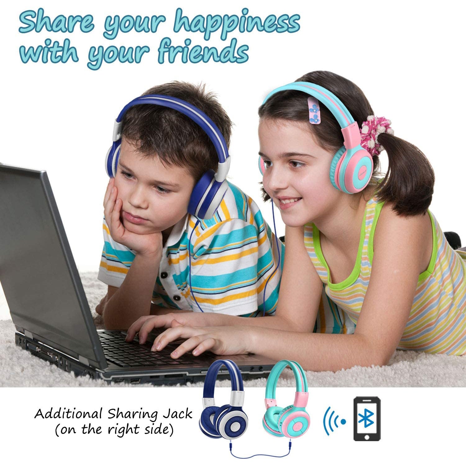 Two children watch movies with Simolio wireless headphones